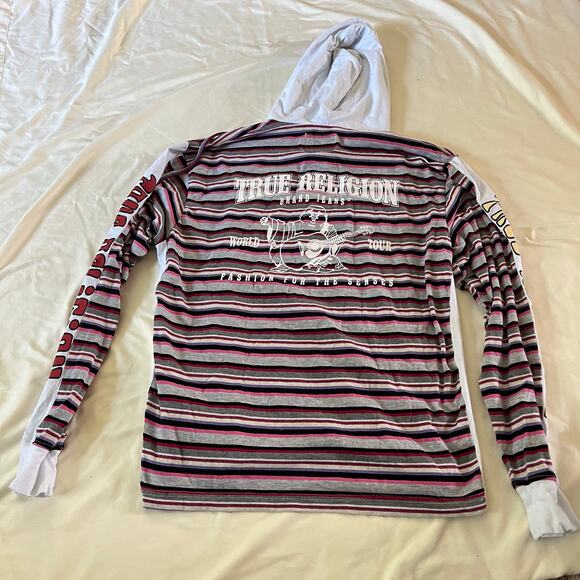 True Religion Buddha Logo Multi Color Stripe Hooded Shirt Sz L - Picture 3 of 10